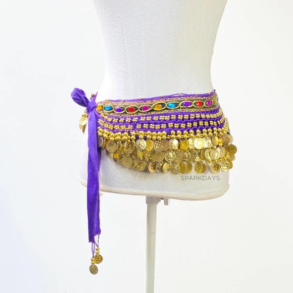 Belly Dancer Costume Purple Wig Jewel Coin Scarf Belt Festival Halloween Party - Picture 13 of 14